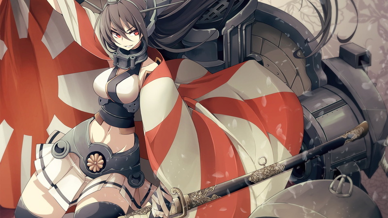 Kantai Collection, day, focus on foreground, sunlight, Nagato (KanColle), no people, flag, anime girls, transportation, representation, holding, red, patriotism