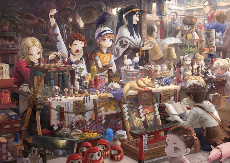 for sale, sale, shopping, market stall, sculpture, abundance, anime girls, male likeness, art and craft, human representation, 1080P, retail display, market