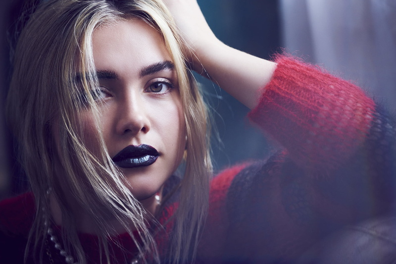1080P, green eyes, actress, makeup, long hair, face, women, Florence Pugh, sweater, dark lipstick