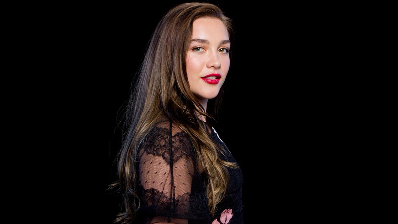 green eyes, women, Florence Pugh, see-through blouse, 1080P, black background, simple background, actress, long hair, red lipstick