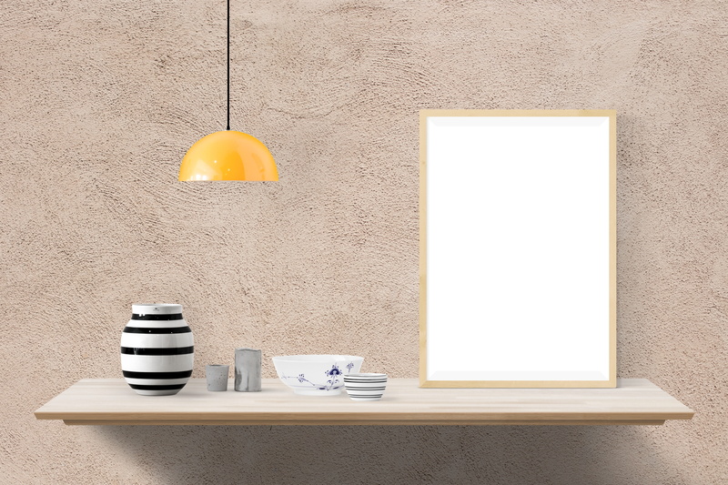 poster, copy space, drink, interior, wall, floating, desk, electric lamp, presentation, coffee cup, built structure, home, mockup, no people, hanging, wooden