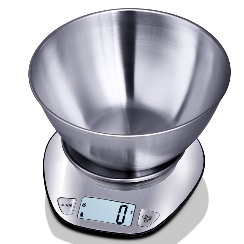 close-up, kitchen scales, Kitchen Scale, silver colored, man made object, kitchen Utensil, studio shot, 2K, electronic scales, domestic kitchen, no People