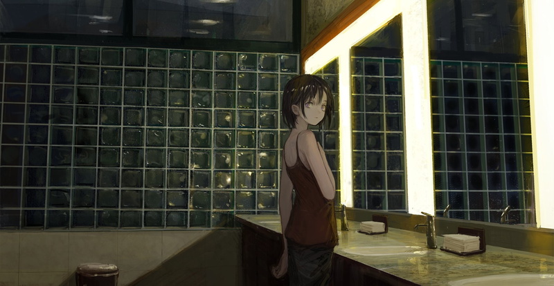 contemplation, hairstyle, window, building exterior, young women, glass - material, three quarter length, standing, bathroom, built structure, mirror, lifestyles