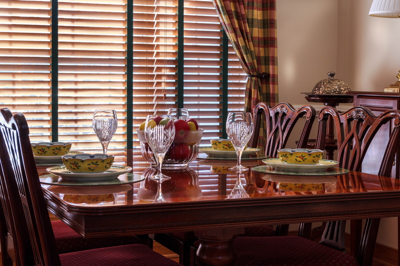 wooden blinds, chairs, restaurant, soup bowls, decor, no people, furniture, domestic Room, glasses, food, china, table, 5K, dinner, place setting, setting