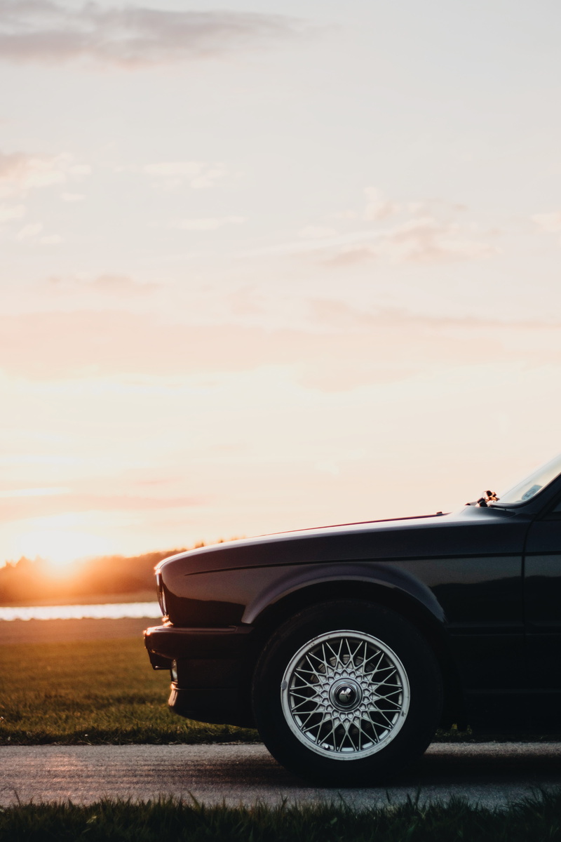 road, car, pavement, vehicle, black, sunrise, spoke, travel, stationary, muscle, cabrio, outdoors, road trip, grass, curves, e30, 5K, motor vehicle, parked