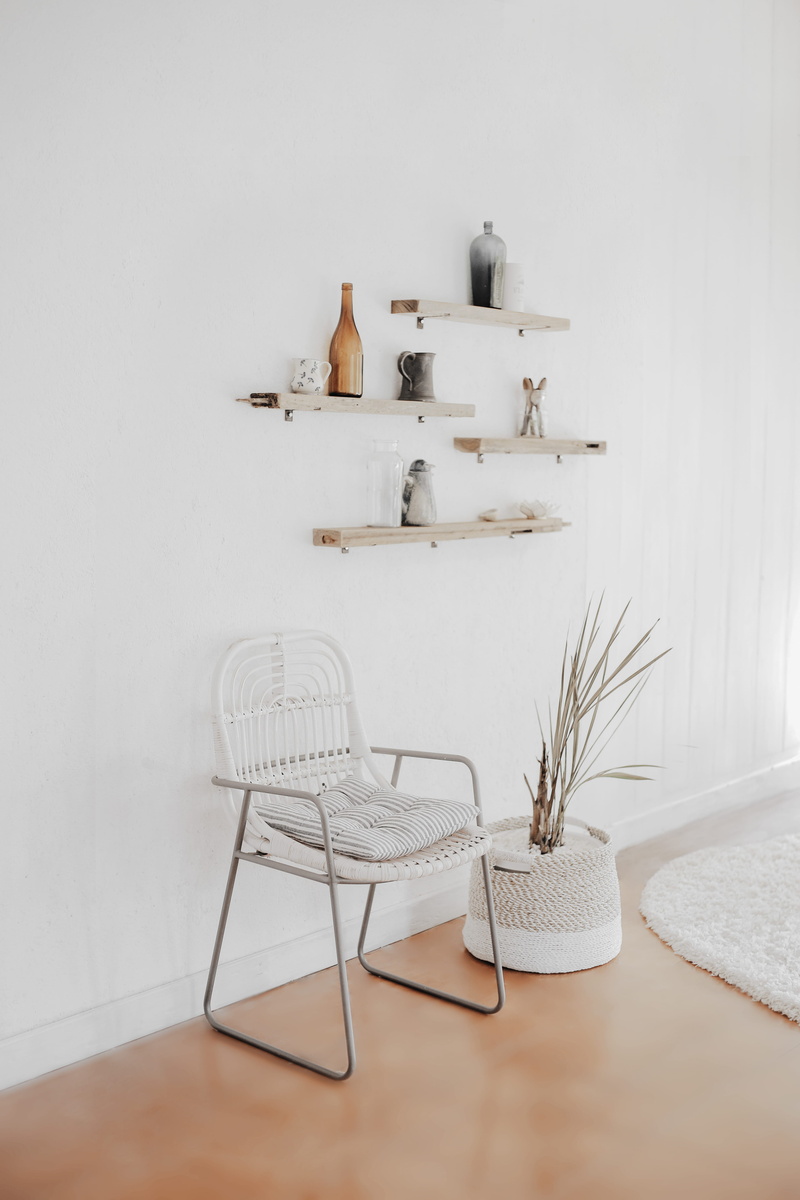 minimalist, arrangement, still life, plant, indoors, gray, 5K, minimalsetup, chair, group of objects, home interior, wood - material, shelf, seat, furniture