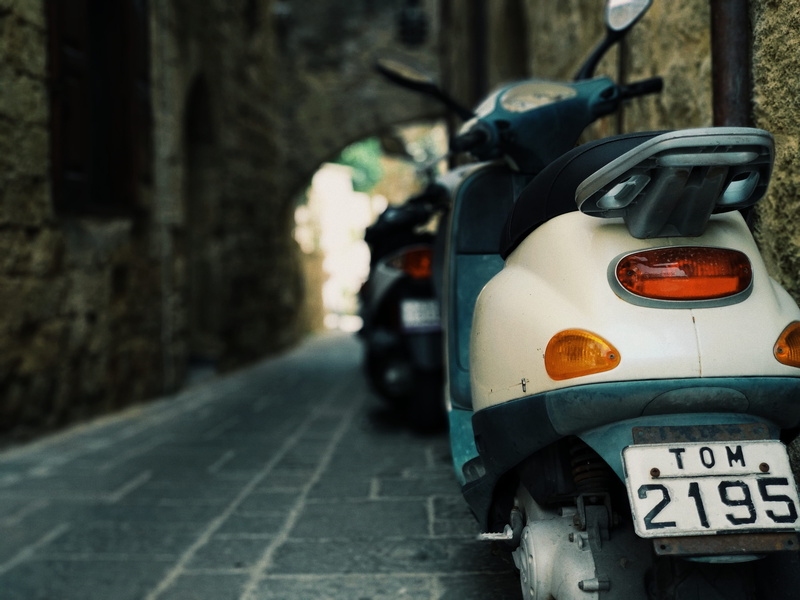 day, transportation, architecture, land vehicle, street, mode of transportation, vscocam, focus on foreground, teal, no people, 4K, motor scooter, oldtown