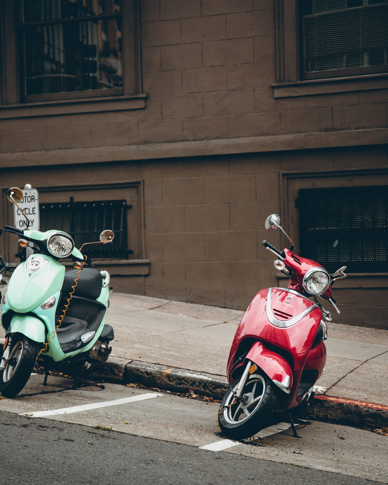 architecture, motorcycle, motor vehicle, teal, red, vespa, stationary, outdoors, travel, near, city, motorbike, motor scooter, motor, scooter, 4K, building