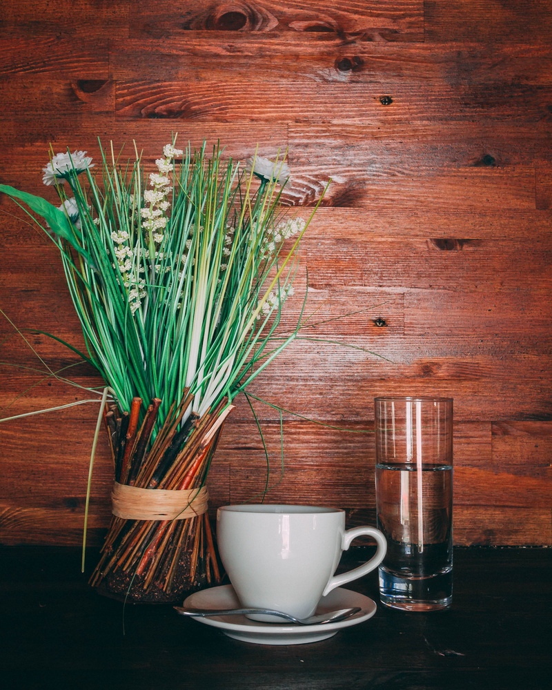wooden wall, light, cup, high angle view, no people, wood grain, near, wood, plant, crockery, green, drink, white, food, indoors, plants, rustic, still life