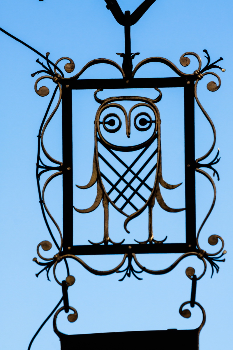 black, wrought iron, shield, floral pattern, bookstore, 4K, blue, clear sky, advertisement, golden, focus on foreground, art and craft, low angle view