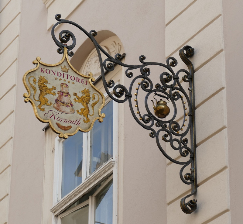 building, no people, day, slovakia, pattern, pastry shop, electric lamp, ornate, door, advertising, bratislava, baker, floral pattern, historically, built structure