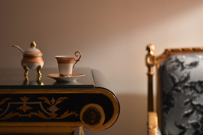 refreshment, animal representation, indoors, wooden, tea - hot drink, teapot, china cabinet, 5K, white, cabinet, drink, near, furniture, ceramics, gold