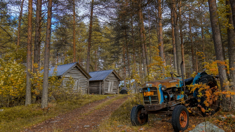 outdoors, rural, building, growth, forest, building exterior, tractor, mode of transportation, vehicle, built structure, blue, nature, finland, no people