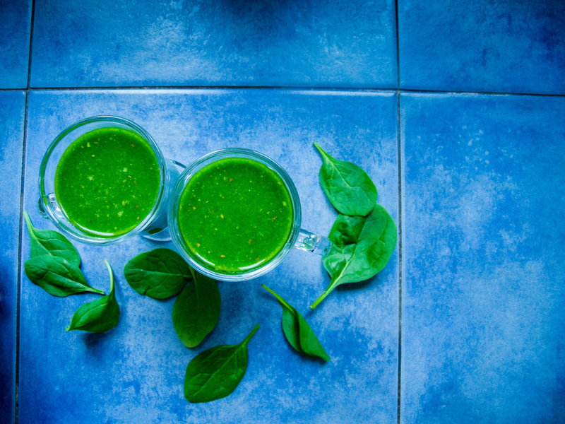 no people, eating, mint, green, the drink, vegetable, smoothie, leaf, drinking glass, tiles, crockery, slimming, high angle view, lifestyle, indoors, blue background