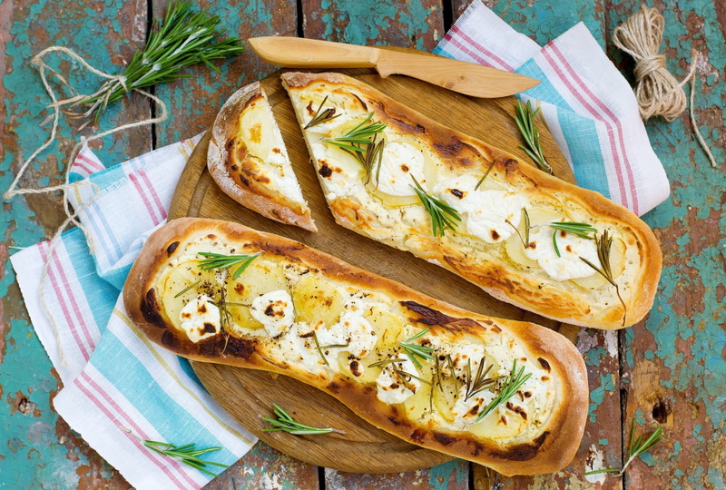 bread, freshness, slice, vegetable, seafood, herb, indoors, high angle view, table, close-up, food and drink, baguette, healthy eating, baked, food, fish