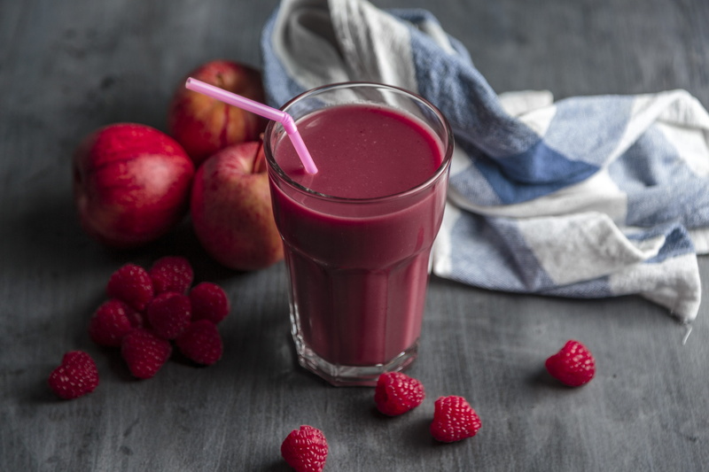 raspberry, drinking, juice, strawberry, mash - food state, red, berry fruit, beside, antioxidant, fruit, food, straw, dish towel, apple, crockery, pink