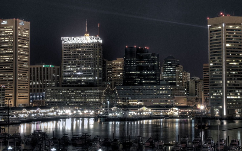buildings, 720P, baltimore, urban Skyline, urban Scene, illuminated, no people, pier, dark, city Life, architecture And Buildings, night, water