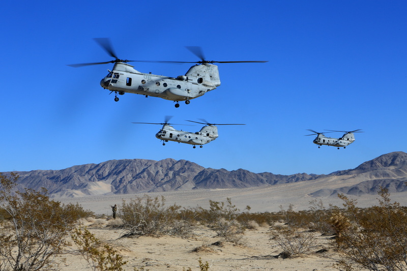 shrub, sand, military transport helicopters, American, Boeing Vertol CH-46 Sea Knight), 5K, mountains, Boeing Vertol CH-46 sea knight, the sky