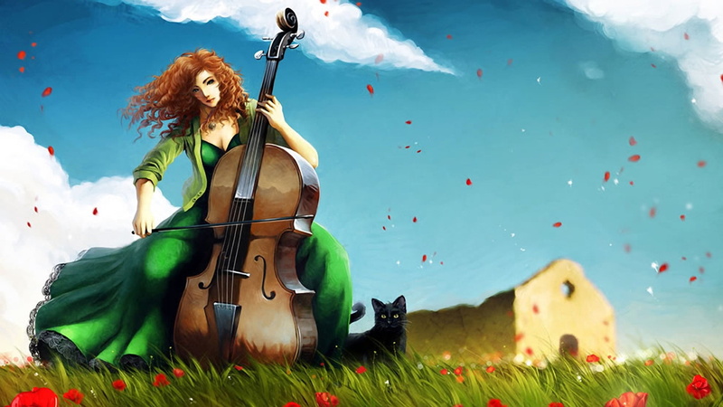 animals, cello, black, grass, art, flower, cat, women, artwork, 1080P, dress, ruins, music, digital, hd, Clouds, peta, strings, nature, sky