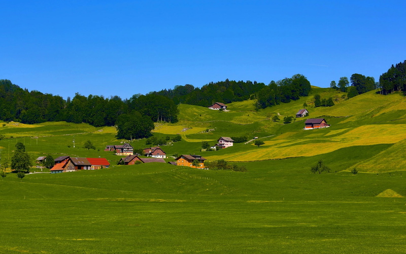 1080P, Sky, Trees, Field, Houses, Grass, Hills