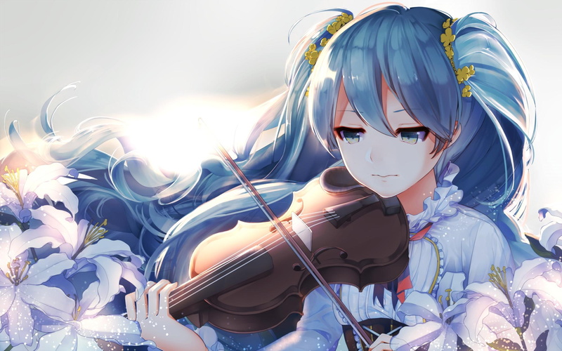 hatsune miku, vocaloid, 1080P, flowers, violin, hatsune, miku, anime girl, anime, girl