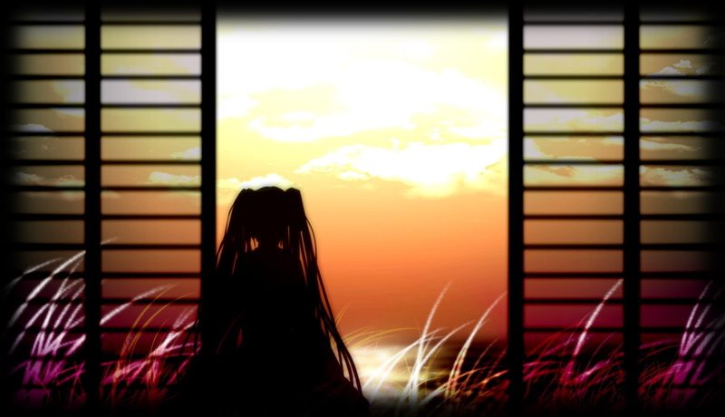 wallp, sunlight, vocaloid, twintails, silhouette, architecture, long, sunset, houses, 720P, miku, x, hatsune, hair, hd, art, grass