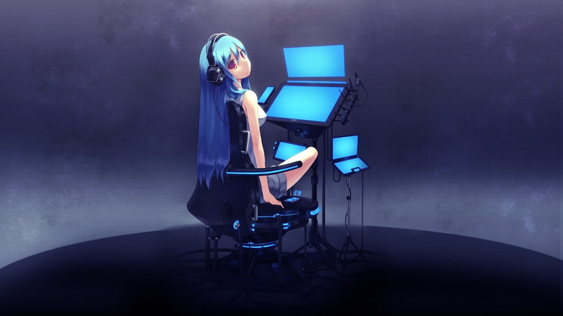 girls, blue, anime, 1080P, headphones, miku, original characters, anime girls, hatsune, characters, original, blue hair, hair, vocaloid