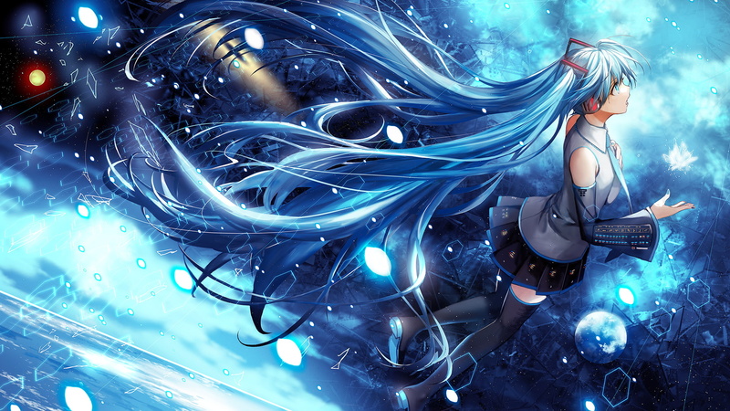 twintails, miku, detached, sleeves, space, vocaloid, long hair, detached sleeves, hatsune, hatsune miku, hair, 1080P, long, anime