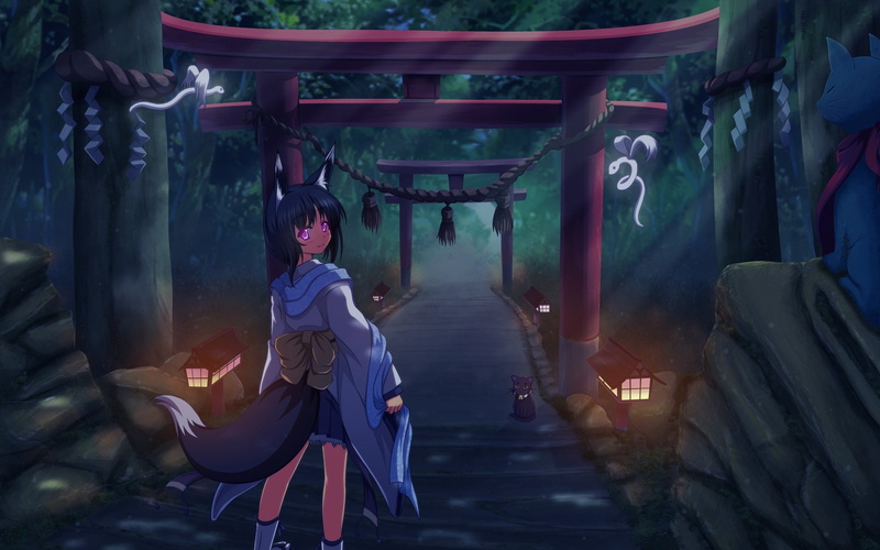 hd, anime, tails, 1080P, animal, yellow, legends, brunettes, hair, league, games, cleavage, kit, art, weapons, ears, video, hot, long, eyes