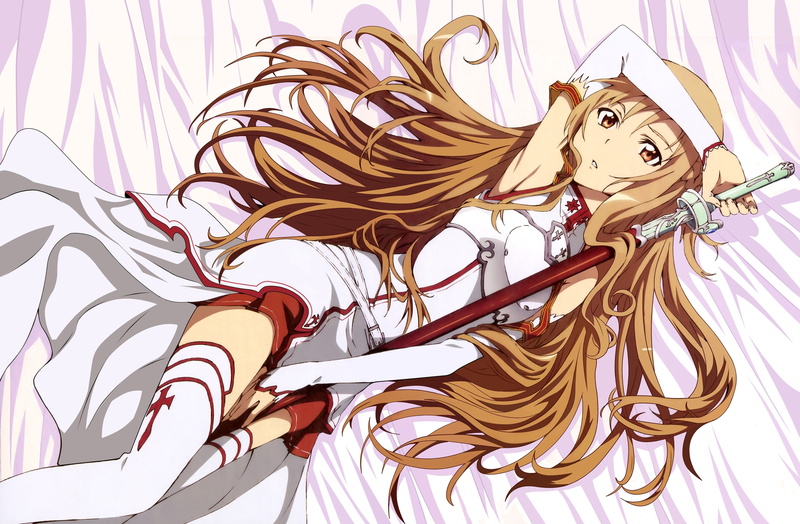 brown, lying, hd, long hair, online, long, asuna, lying down, anime, girls, sword, art, 4K, hair, weapons, brunettes, yuuki, people