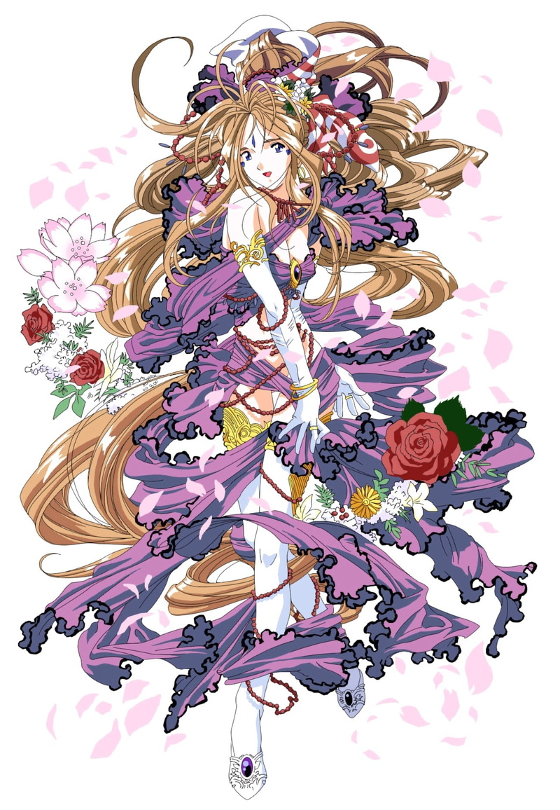 flowers, smiling, anime, eyes, art, brunettes, bracelets, artwork, ah, hair, blue, goddess, women, belldandy, long, hd, 720P, rings