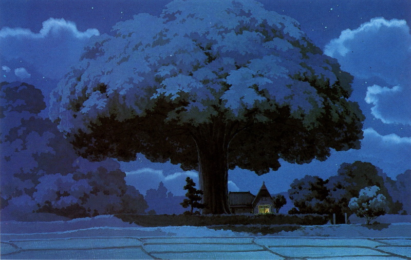 blue, field, tranquil scene, day, built structure, tree, Totoro, Studio Ghibli, water, outdoors, no people, plant, anime, 1080P, nature, cloud - sky, beauty in nature