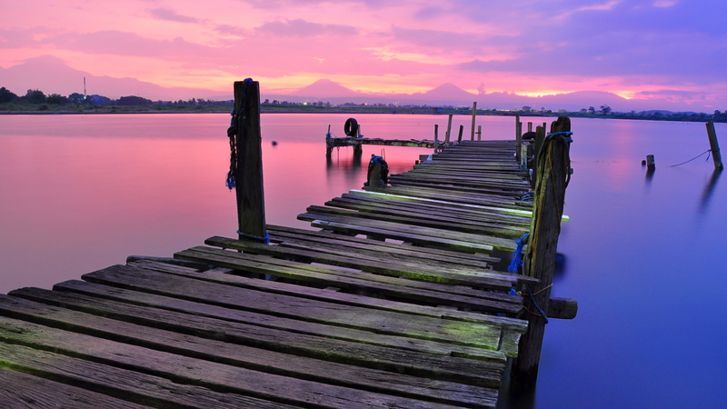 jetty, water, reflection, tranquility, nature, pier, outdoors, sky, scenics - nature, cloud - sky, idyllic, post, sunset, brown, wooden, purple, tranquil scene