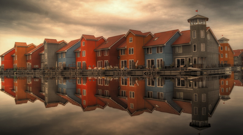 black, standing water, lake, nautical vessel, reitdiephaven, Water, Netherlands, built structure, no people, grey, apartments, Architecture, city, dutch