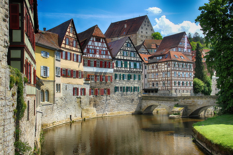 no people, benelux, canal, tree, window, residential district, creek, day, history, germany, architecture, town, sky, reflection, building, old, 5K, houses