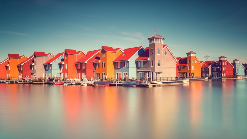 1080P, water, architecture, clouds, Europe, boat, window, building, colorful, pier, reflection, Netherlands, calm, house, long exposure