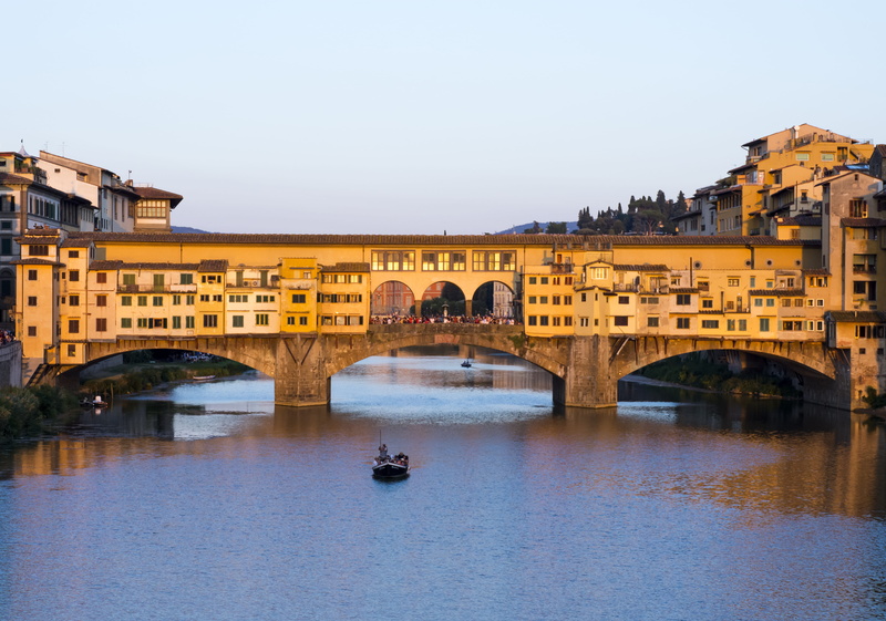 arch bridge, river, ponte vecciho, built structure, boat, italy, outdoors, travel destinations, travel photography, nautical vessel, old bridge, transportation