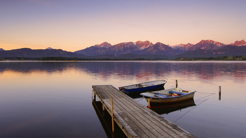 1080P, reflection, mountains, pier, boat, water, landscape