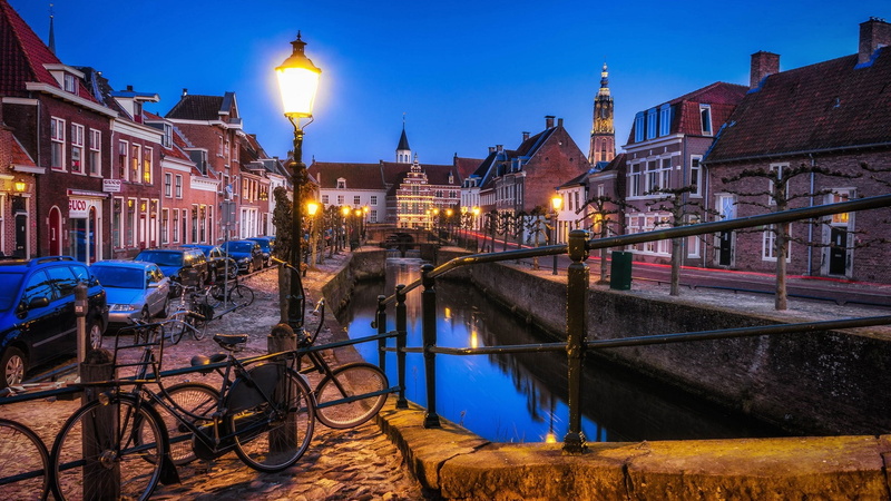 illuminated, waterway, body of water, street light, street, city, eu, 1080P, koppelpoort, evening, dusk, sky, bridge, water, cityscape, canal, architecture