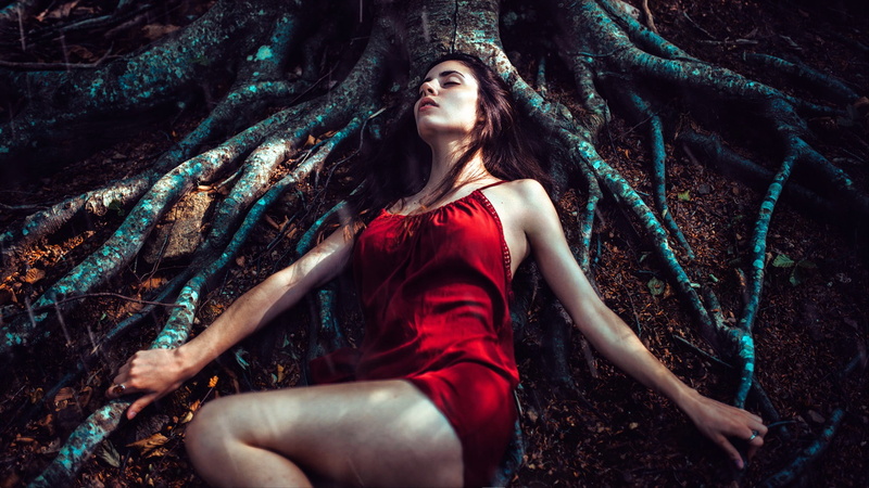 Under, Asleep, Red, Skirt, Tree, 1080P, Girl