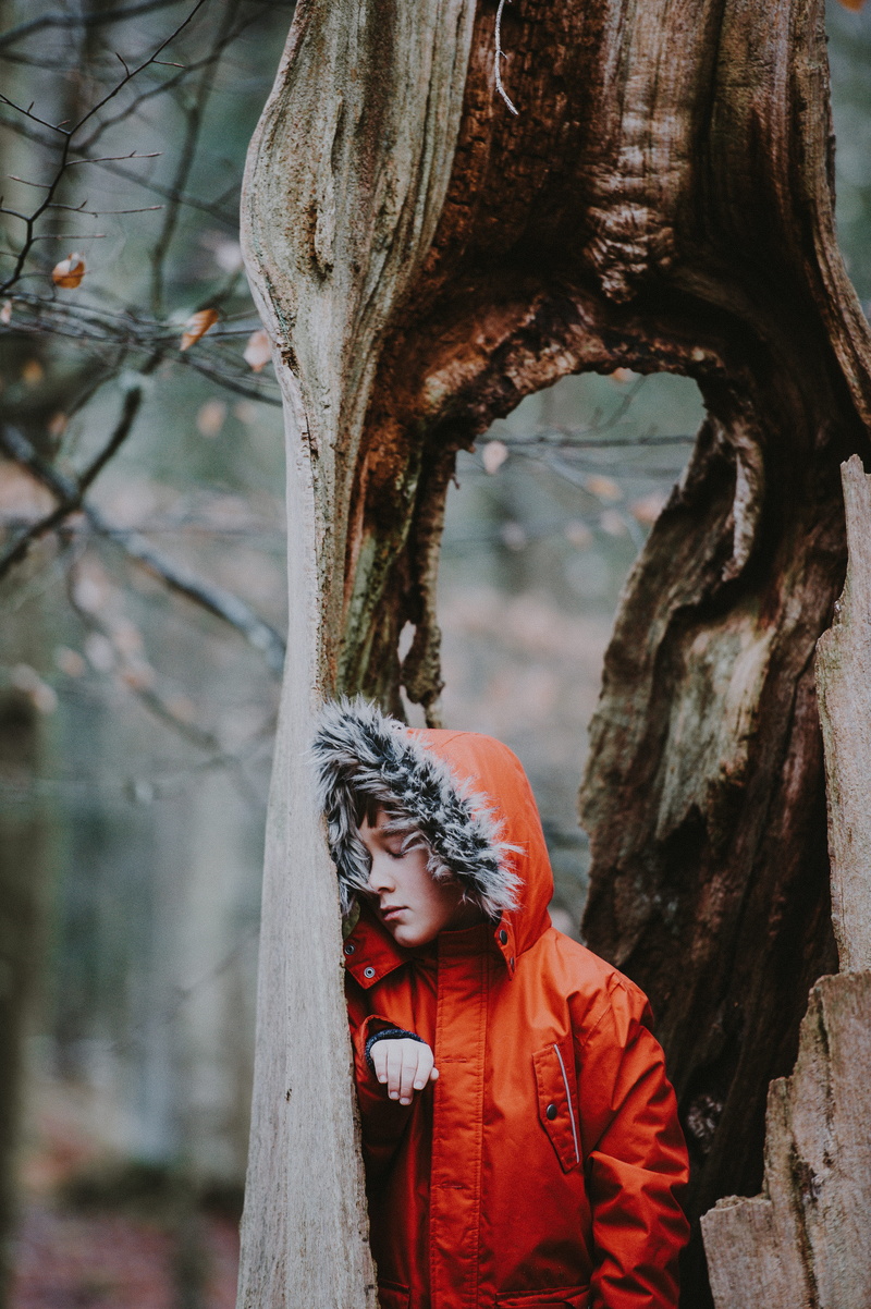 leaning, jacket, creativity, brown, boy, art and craft, front view, tree trunk, lifestyles, parka, trunk, human representation, asleep, fur, wood - material