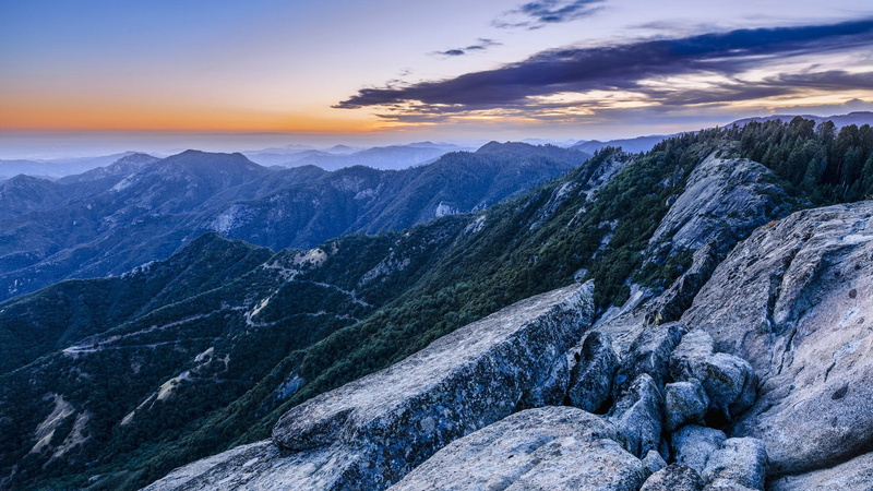 forest, trees, Moro Rock Trail, mountains, sky, mist, 1080P, nature, clouds, California, USA, rocks, landscape, dawn