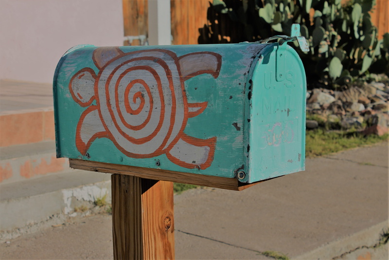 sidewalk, postal, white, close-up, focus on foreground, painted turtle, painted mailbox, wooden post, land, card, communication, town, antique, antique mailbox