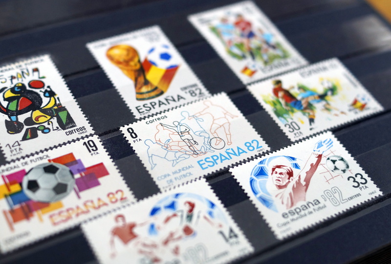assorted, world map, world cup, football, philately, communication, stamp collection, journey, global communications, text, spain, indoors, stamps, collection