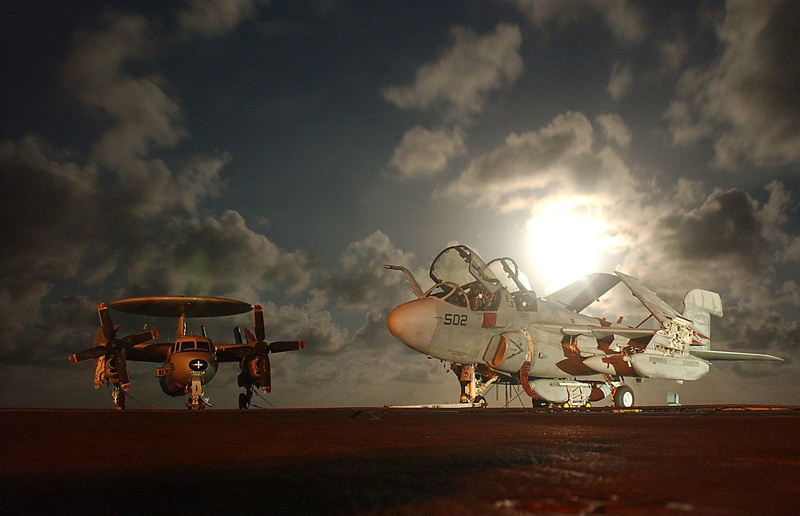 strength, white, ship, robot, clouds, sunset, e-2c hawkeye, planes, two, ea-6b prowler, technology, aircraft, 1080P, transportation, nature, cloud - sky