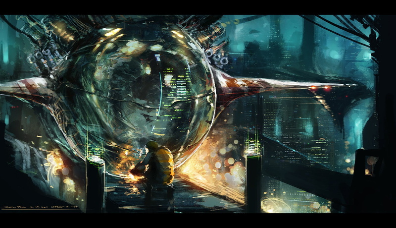 transfer print, science fiction, auto post production filter, illuminated, round, architecture, space, indoors, spaceship, human representation, built structure