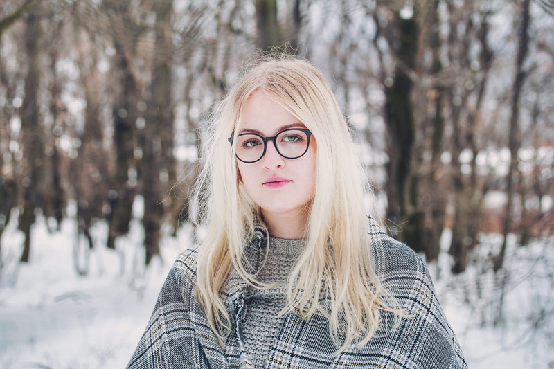 blond hair, photoshoot, pose, weather, teenager, ice, women, snow, tree, warm clothing, gray, looking at camera, female, cold temperature, front view, wear