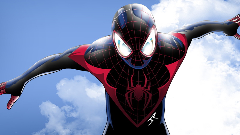 directly below, sky, outdoors, flying, air vehicle, sport, man, aka, day, blue, spider-man, Miles, Ultimate, red, success, speed, low angle view, transportation
