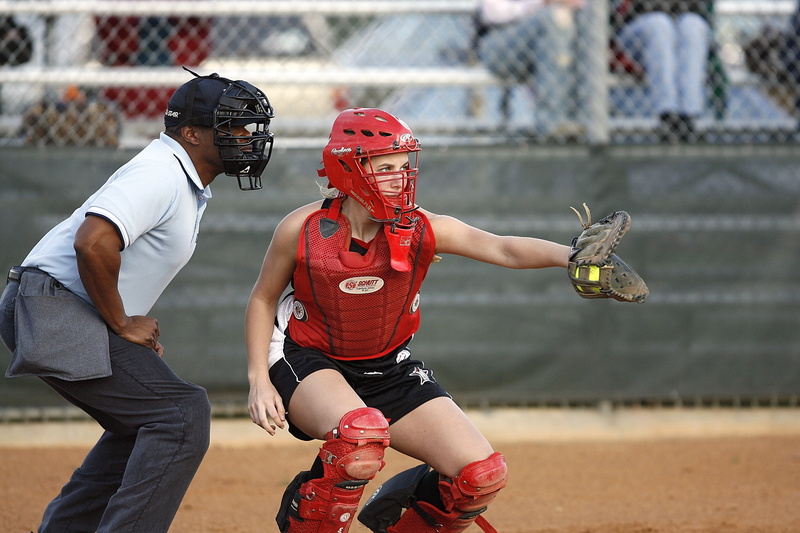 female, umpire, softball, girls, playing, home, shin guards, two people, glove, play, yellow, ball, ballgame, headwear, american football - ball, athletic