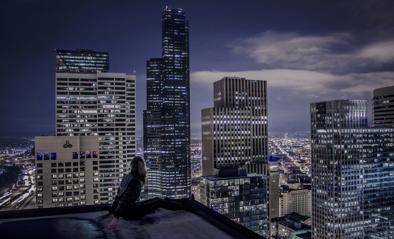 landscape, clouds, Washington state, nature, outdoors, black clothing, rooftops, women, architecture, modern, night, looking at view, 1080P, cityscape